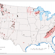 Image shows the contiguous United States with potential occurrences of the mineral pyrrhotite