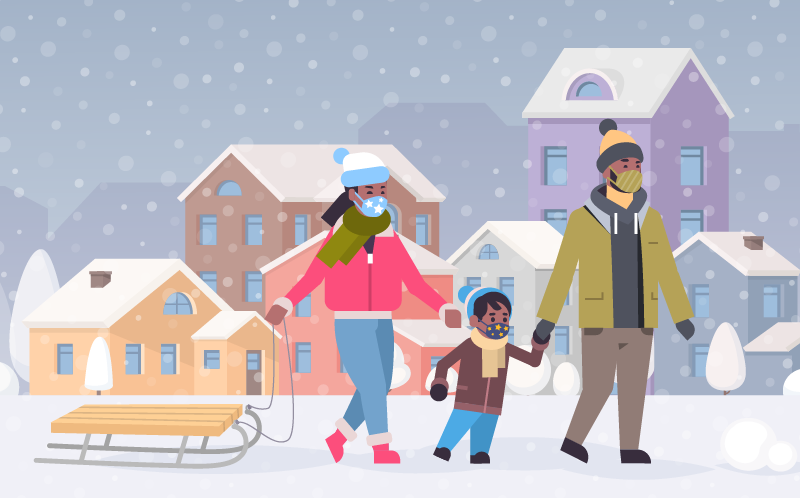 A family is shown sledding in the snow in a neighborhood. Each family member is wearing a mask.