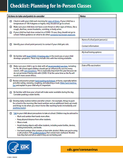 screenshot of checklist for planning for in-person learning at school