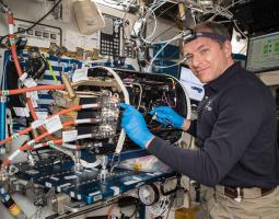 Astronaut David St. Jacques of the Canadian Space Agency works on the Combustion Integrated Rack (CIR) used in the ACME Flames Project.