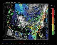 Colorful satellite image of the United States representing cloud, wind and fire data