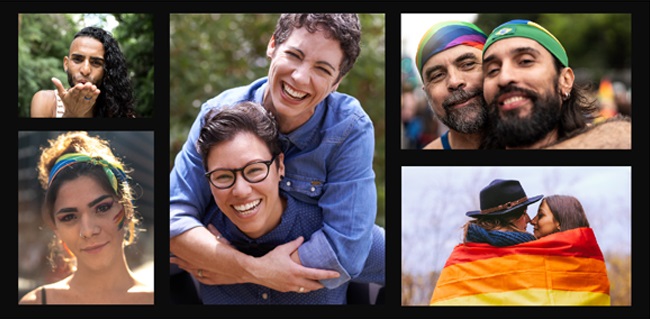 Montage of LGBTQ people wearing Pride colors