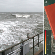 Left: a view of rough seas past a railing. Right: a computer visualization showing the area that might be buried as a red block