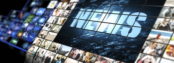 A television screen resting on a wall at an angle with the word "News" in blue letters. 