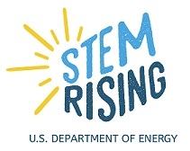 STEM Rising logo with two different shades of blue and the sun's rays off the left hand side.