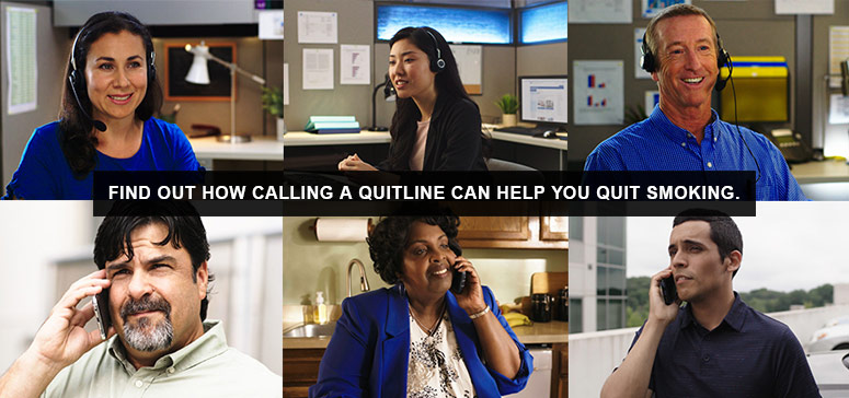 Find out how calling a quitline can help you quit smoking - diverse photos of people on the phone