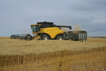 An example of new harvesting technologies being demonstrated in the field to cost effectively separate grains, straw, and leaves in one pass in the field, w