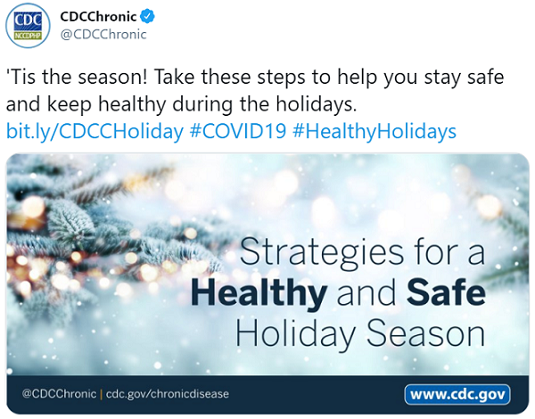 'Tis the season! Take these steps to help you stay safe and keep healthy during the holidays. bit.ly/CDCCHoliday #COVID19 #HealthyHolidays
