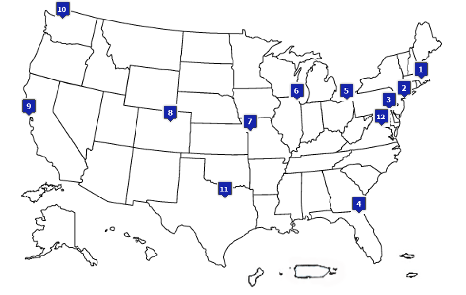 Map of the United states with DFEC Office locations