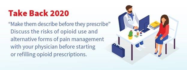 Take Back 2020. Make them describe before they prescribe. Discuss the risks of opioid use and alternative forms of pain management with your physician before starting or refilling opioid prescriptions.