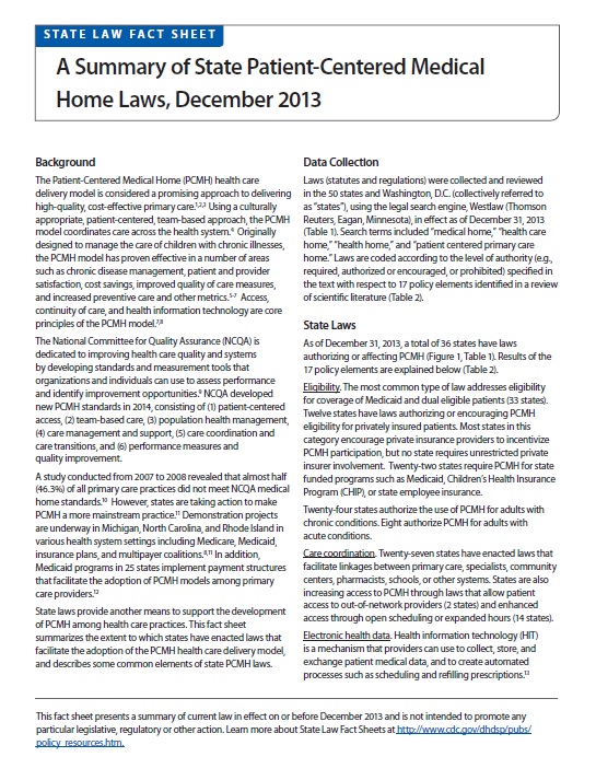 A Summary of State Patient-Centered Medical Home Laws, December 2013
