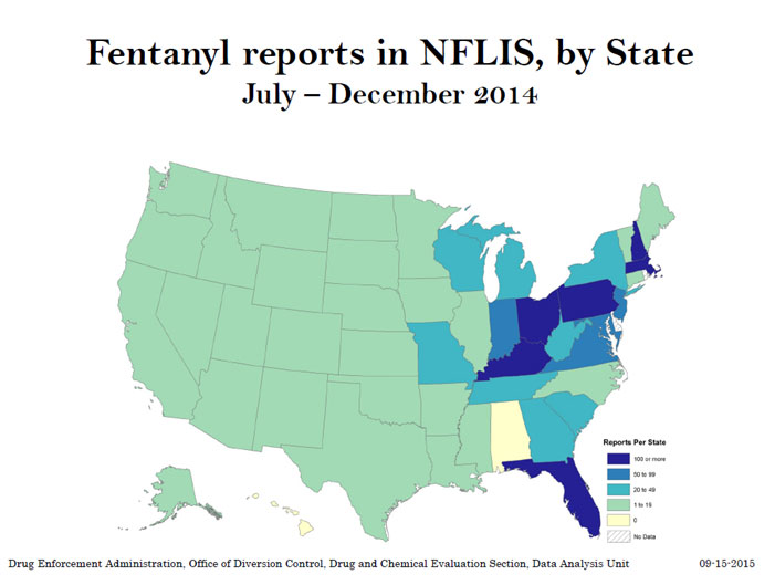 Fentanyl reports in NFLIS, by State. July-December 2014. For complete data, please see http://emergency.cdc.gov/han/han00384.asp
