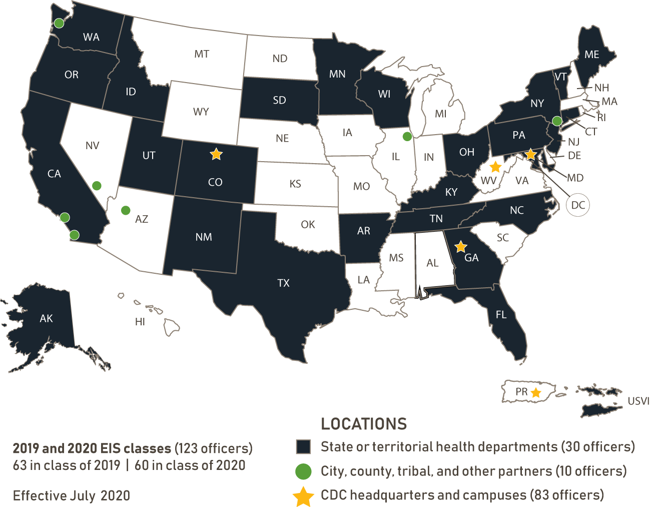 US map of EIS Officers Across the country by state.