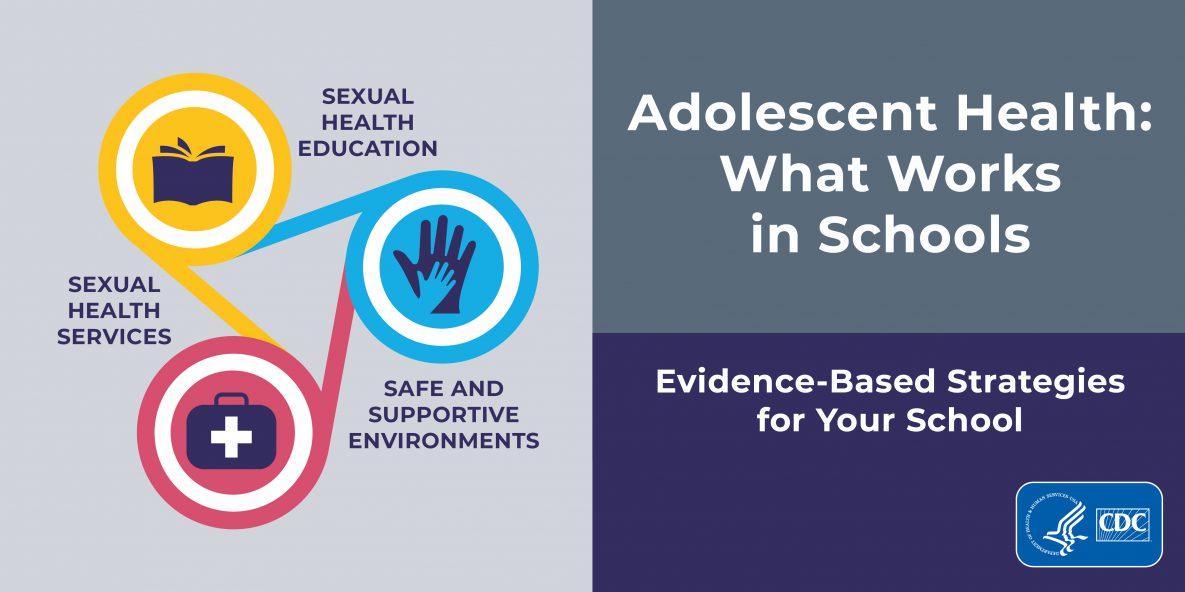 DASH Twitter image: Adolescent Health: What Works In Schools. The Centers for Disease Control and Prevention’s Division of Adolescent and School Health has established an evidence-based approach to school-based HIV and STD prevention, which includes quality sexual health education, connecting students to sexual health services, and establishing safe and supportive school environments. 