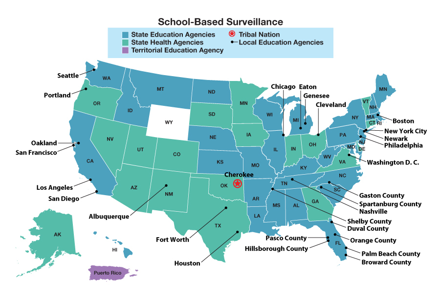 map of the continental United States displaying states, territories funded for School-Based Surveillance