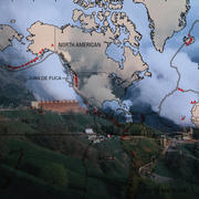 Geothermal Graphic:Map showing lithospheric plates and some active volcanoes with photo of California geysers. 