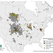 Map of North America showing locations where chronic wasting disease has been detected.