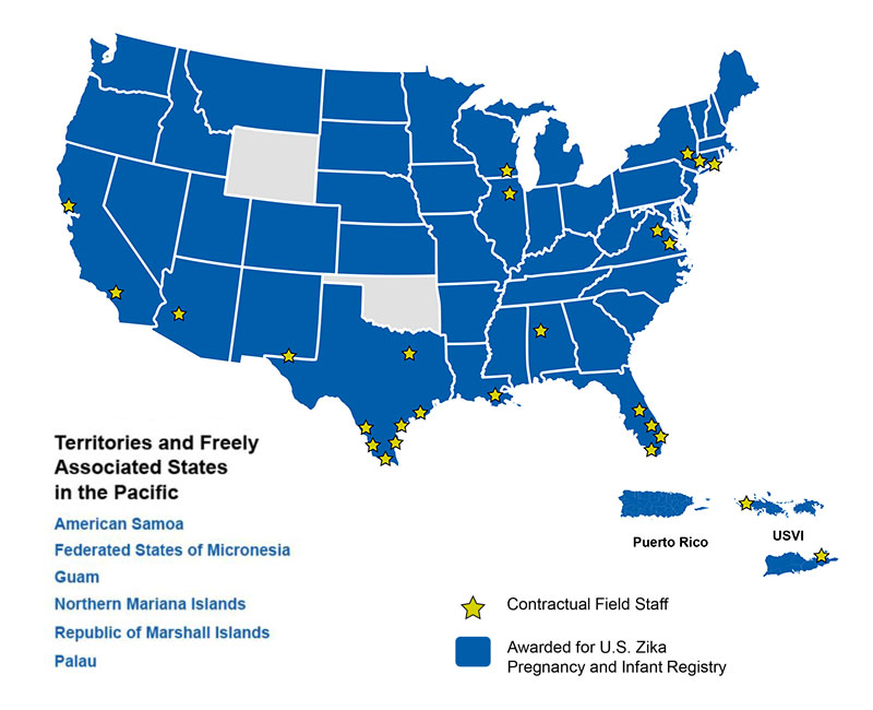 Figure 2. States and Territories Funded for the U.S. Zika Pregnancy and Infant Registry in August 2016 and Contractual Field Staff Placement Sites (August 2016-July 2018)