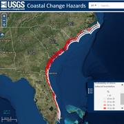 Screenshot of coastal-change forecast for Hurricane Matthew on 10/7/16: damage is most likely in red areas  