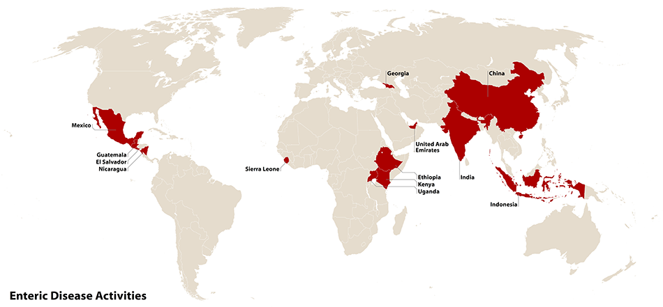 Map of countries with PulseNet activities. Countries are China, Indonesia, Ethiopia, Kenya, Guatemala, Nicaragua, El Salvador, Uganda, Sierra Leone, UAE, Georgia, India, Mexico