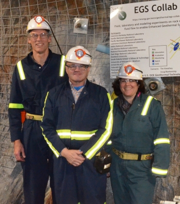 GTO director Susan Hamm (right) visits the EGS Collab site in South Dakota, alongside colleagues Tim Kneafsey of Berkeley Lab (left) and Deputy Assistant Secretary Tim Unruh (center).