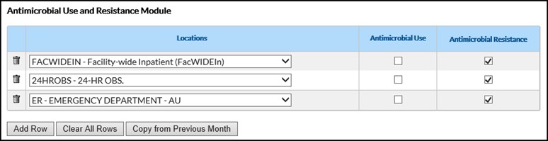 The Monthly Reporting Plan screen shot is an example of the Antimicrobial Use and Resistance Module section of a Monthly Reporting Plan with the Antimicrobial Resistance boxes checked next to the following locations: facility-wide inpatient, 24-hour observation area, and Emergency Department.