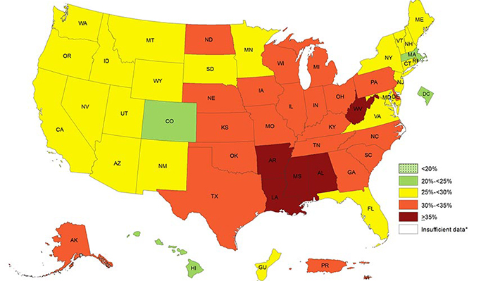 Prevalence of Self-Reported Obesity among U.S. Adults by State and Territory