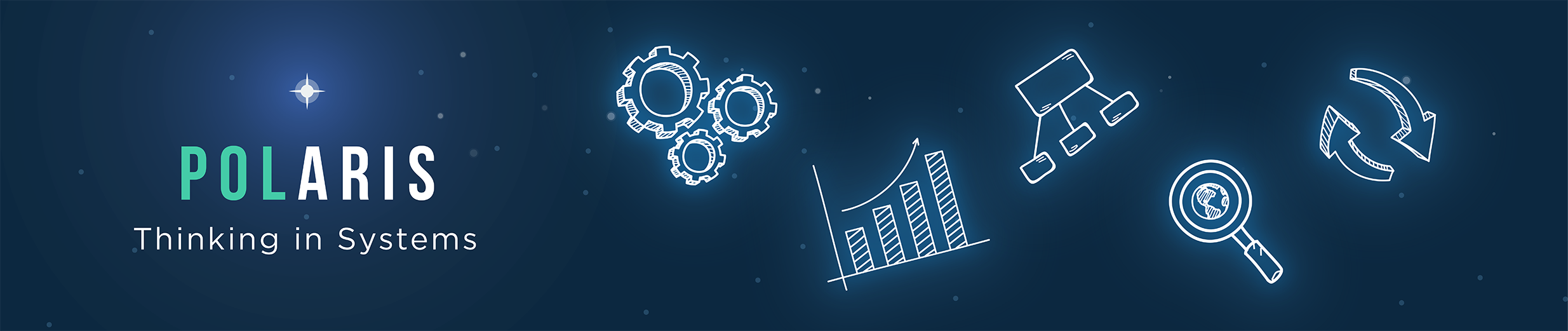 Banner at the the top of the page that says 'POLARIS Thinking in Systems' and has an illustration of a star-filled sky with constellation-like gears, a bar chart, a process map, magnifying glass, and arrows.