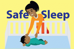 Your baby is safest sleeping on his or her back. Place the baby in his or her own sleep area (e.g., a portable crib or bassinet) that does not have pillows, blankets, or toys.