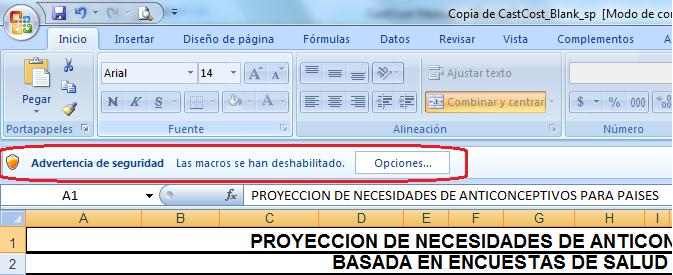 Esta pantalla muestra la advertencia de seguridad sobre macros que aparece cuando el usuario abre la hoja de cálculo CastCost en Excel 2007.