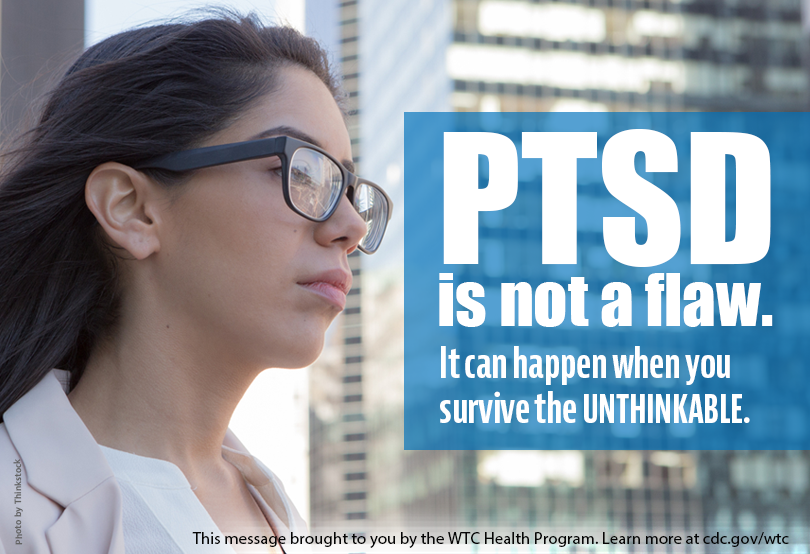 Higher resolution image of PTSD Survivor graphic containing text: PTSD is not a flaw.  It can come from when you survive the unthinkable.