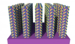 Layers of zinc and oxygen atoms (in yellow and blue) are deposited onto the surfaces of nanowires of molybdenum disulfide (in purple). These atoms grow into arrays of semiconductor crystals at sites of defects on the surfaces.