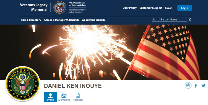 Daniel Ken Inouye Veterans Legacy Memorial Page Screenshot