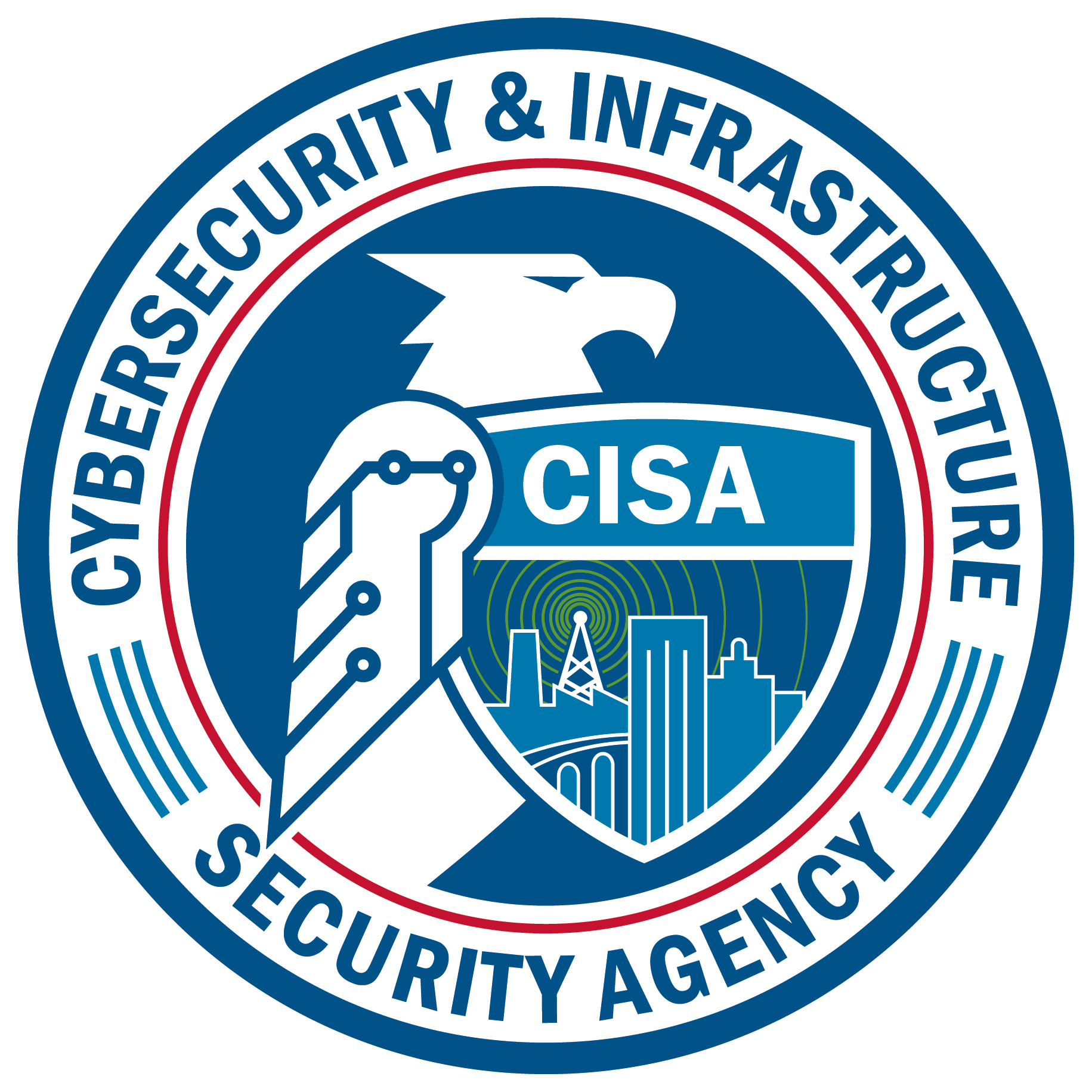 •	The blue outer ring and the inner red ring indicate CISA’s unity with DHS and a nod to our efforts to cut through government red tape, while the three blue lines in the outer ring represent the Agency’s three congressionally mandated missions: cybersecurity, infrastructure security, and emergency communications.    •	The eagle faces to the right, signifying CISA’s keen eye on the future and forward posture.    •	The center shield represents CISA’s commitment to “Defend Today, Secure Tomorrow,” while the eagle’s folded wings reinforce CISA’s protection and defense of our nation.    •	The image includes wavelengths representing the emergency communications mission, which emanate from buildings that signify the infrastructure security mission, while the nodes in the eagle’s arm indicate the cybersecurity mission.   •	The bridge represents the vital, two-way connection, communication, and collaboration between the public and private sectors, which is so key to CISA’s mission success.  