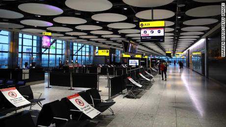 LONDON, ENGLAND - OCTOBER 20:  Empty passenger waiting seats are pictured on October 20, 2020 at Heathrow Terminal 5 Airport in London, United Kingdom. The British government is being pressed to create a covid-19 testing system to ease restrictions on inbound and outbound travelers. (Photo by Warren Little/Getty Images)