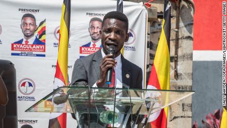 Bobi Wine speaks during a press conference at the headquarters of his National Unity Platform in Kamwokya after his bodyguard  was killed during a confrontation with the police. 