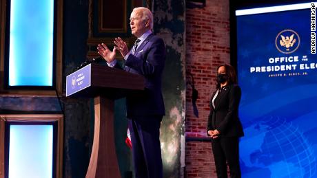 President-elect Joe Biden speaks at The Queen theater, Monday, Dec. 28, 2020, in Wilmington, Del. Vice President-elect Kamala Harris listens at right. 