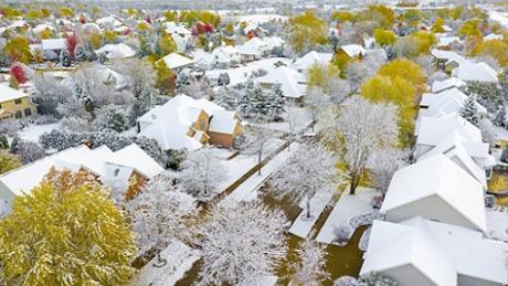 Autumn neighborhood under fresh snow, trees ablaze with fall colors.