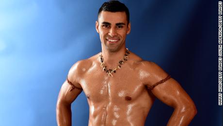 RIO DE JANEIRO, BRAZIL - AUGUST 08:  (BROADCAST - OUT) Pita Taufatofua of Tonga poses for a photo on the NBC Today show set at Copacabana Beach on August 8, 2016 in Rio de Janeiro, Brazil.  (Photo by Harry How/Getty Images)