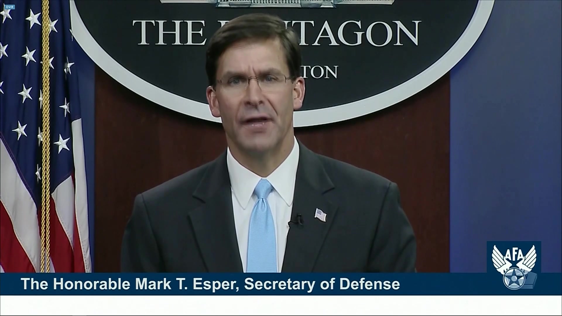 Defense Secretary Dr. Mark T. Esper speaks at the Air Force Association’s 2020 Virtual Air, Space and Cyber Conference at National Harbor, Md., Sept. 16, 2020.