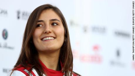 BARCELONA, SPAIN - FEBRUARY 19: Tatiana Calderon of Colombia and Alfa Romeo Racing looks on at the roll out of the Alfa Romeo Racing C39 Ferrari during day one of Formula 1 Winter Testing at Circuit de Barcelona-Catalunya on February 19, 2020 in Barcelona, Spain. (Photo by Mark Thompson/Getty Images)