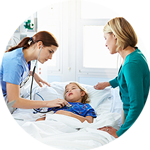 Female doctor listening to young girl's heart with stethoscope while mother looks on.