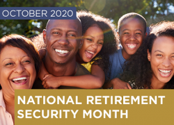 Photo of a multigenerational Black family with the text "October 2020: National Retirement Security Month"