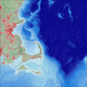 Image showing the bathymetry of the southern Gulf of Maine with the Massachusetts coastal zone boundary outlined in grey.