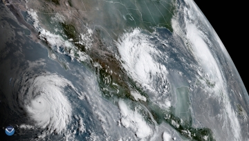 A view from GOES-17 of three tropical systems in the eastern Pacific and Atlantic basins in September 3, 2019. From left to right: Hurricane Juliette, Tropical Depression 7 and Hurricane Dorian.  