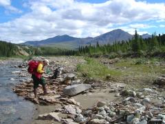 Geologist on the banks of a creek taking a closure look at a rock