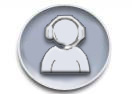 Grey circle icon with a person in a headset doing a presentation.