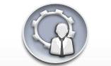 Grey circle icon with a person standing in front of a gear icon.