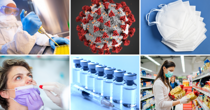 6 photos arranged in a grid: lab scientist waring full personal protection equipment using a pipet to prepare samples for testing; detailed realistic 3D computer generated illustration of the SARS-CoV-2 virus; face masks, a woman being tested for COVID-19 via nasal swab, a row of vaccine vials and a syringe, a woman waring a face mask reading the labels and holding bags of pasta in a grocery store