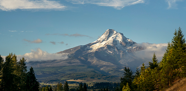 A picture of a snow-covered Mt. Hood.